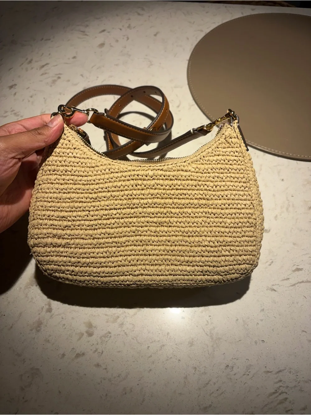 Tory Burch Natural Raffia Crescent Crossbody with Tan Leather Strap